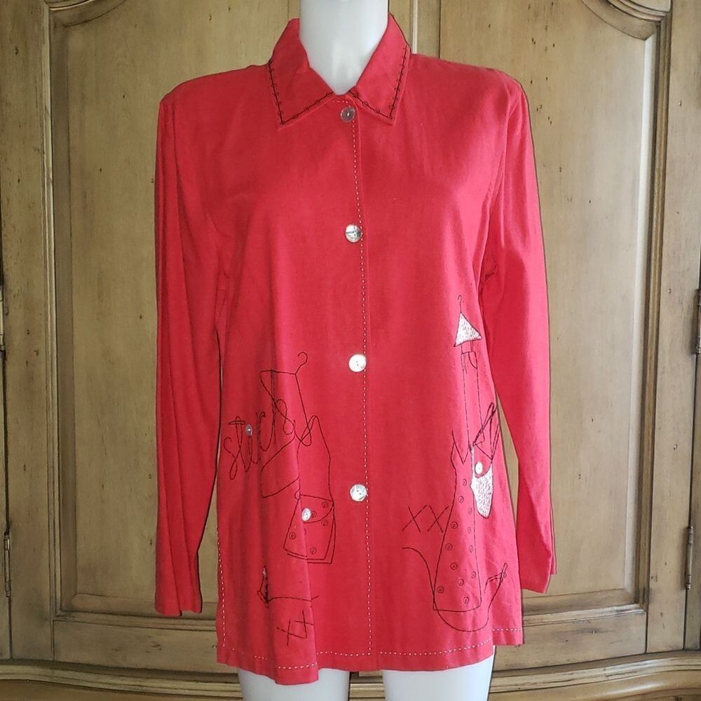 Vintage Ali Miles Stitched Embroidered Fashion Scene Long Sleeve Button Down